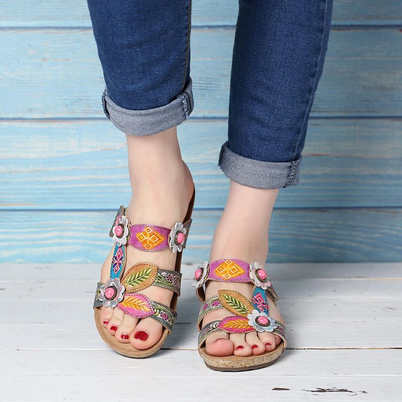 Sandalias De Cuña Cómodas De Cuero Genuino Floral A Mano