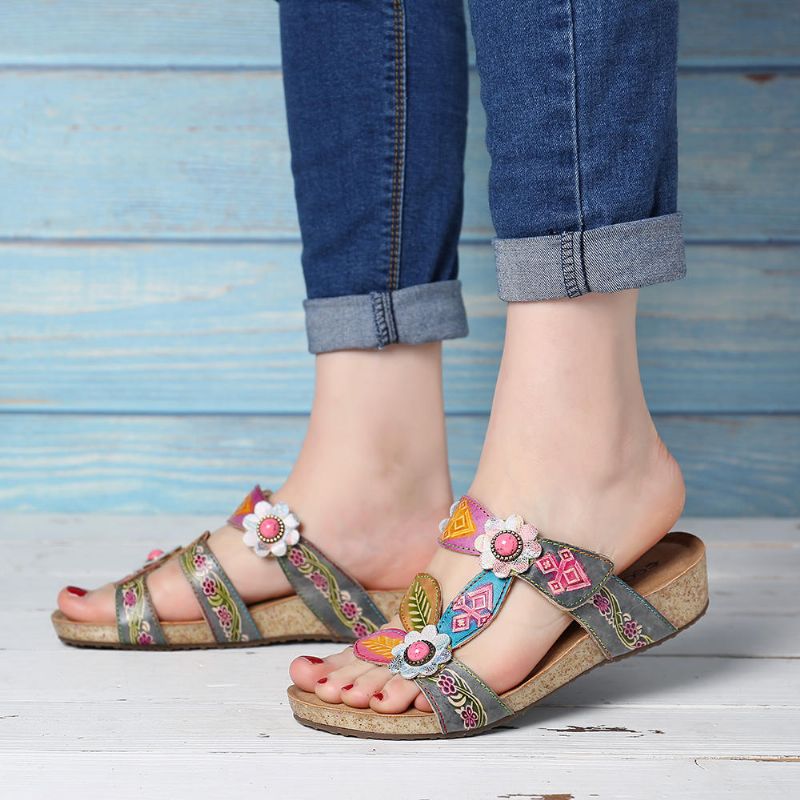 Sandalias De Cuña Cómodas De Cuero Genuino Floral A Mano