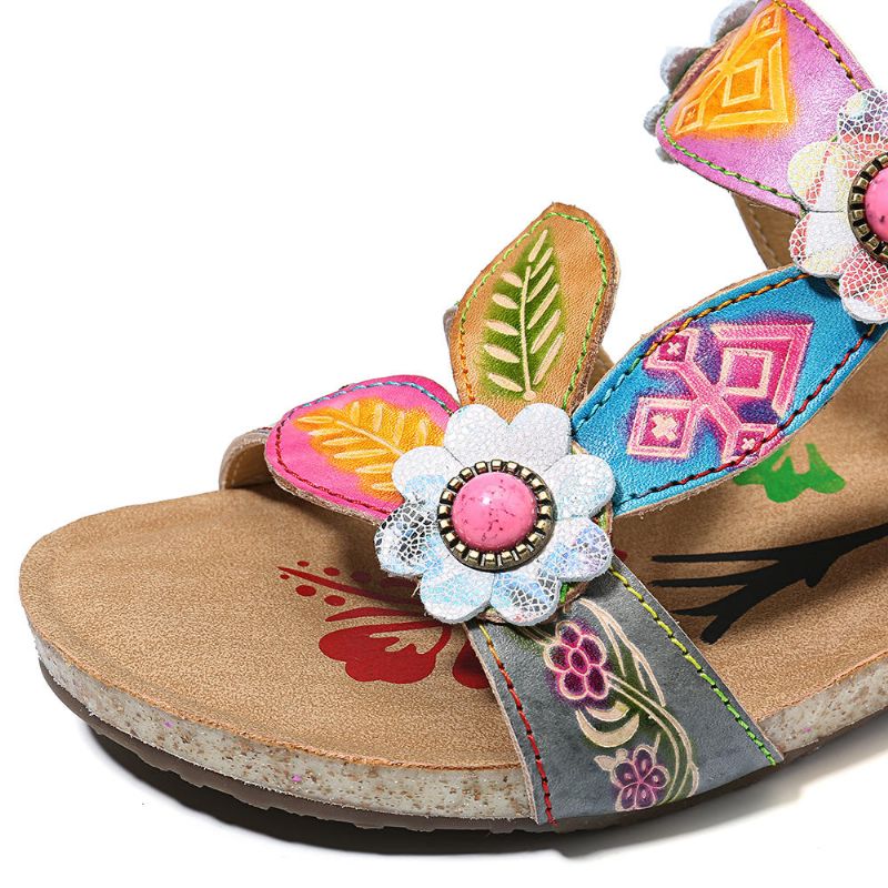 Sandalias De Cuña Cómodas De Cuero Genuino Floral A Mano