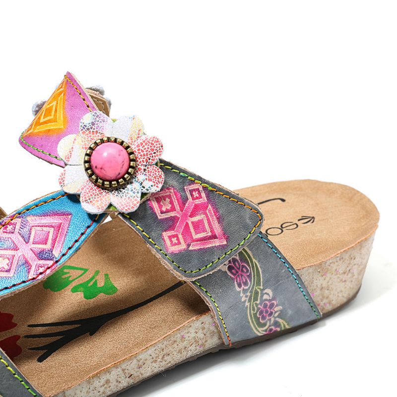 Sandalias De Cuña Cómodas De Cuero Genuino Floral A Mano