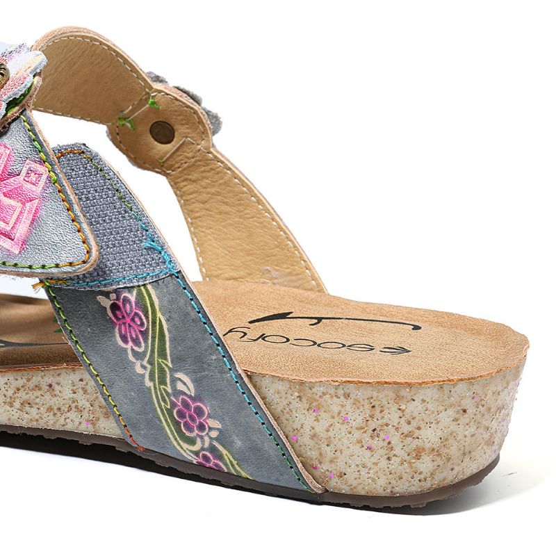 Sandalias De Cuña Cómodas De Cuero Genuino Floral A Mano