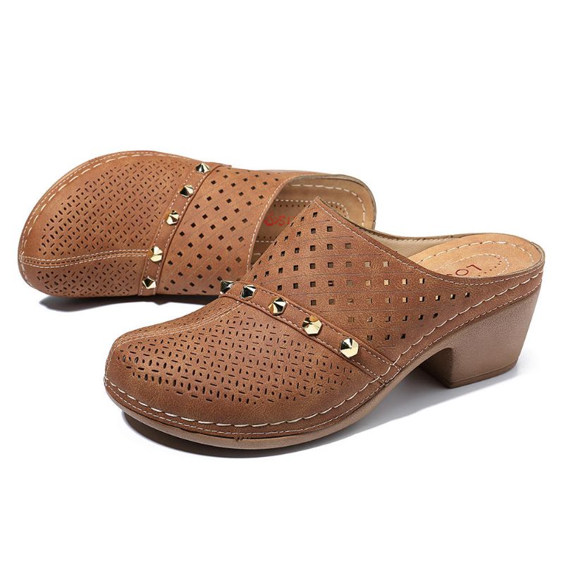 Sandalias De Cuña Con Remaches Casuales Y Transpirables Huecos Para Mujer