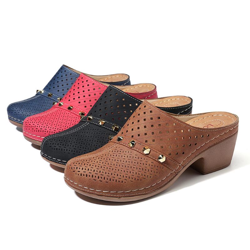 Sandalias De Cuña Con Remaches Casuales Y Transpirables Huecos Para Mujer