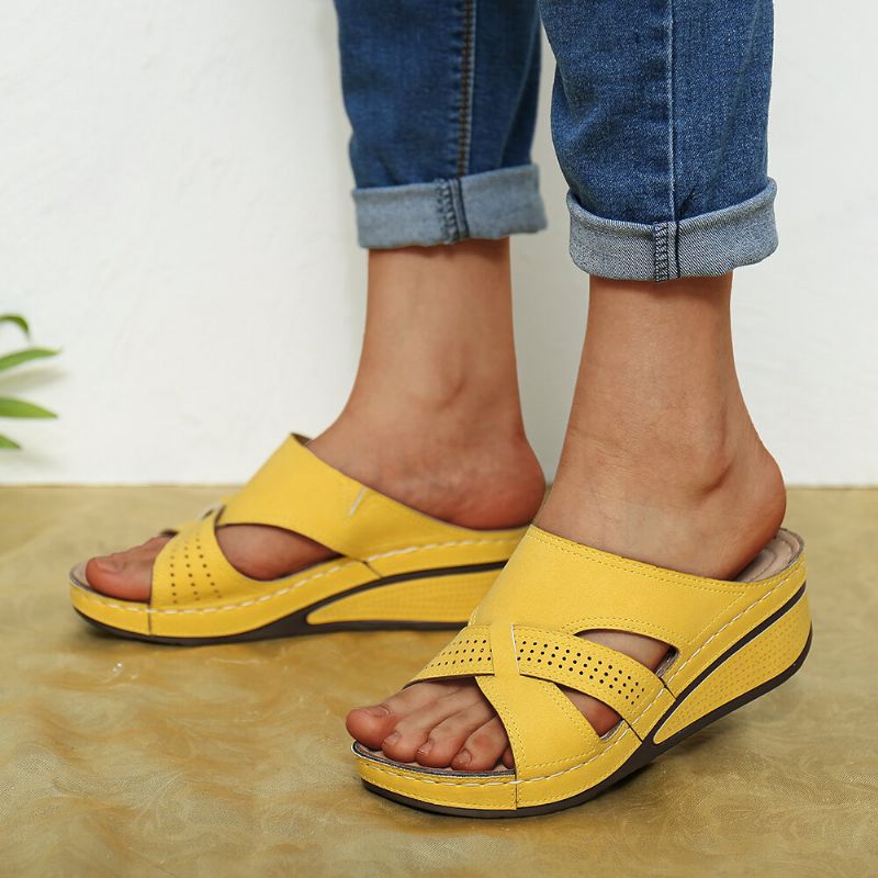 Sandalias De Cuña Informales Diarias De Verano Cómodas De Color Sólido Con Punta Abierta Ahuecada Para Mujer