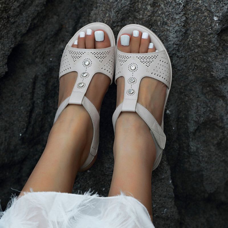 Sandalias De Cuña Informales De Verano Con Punta De Gancho Transpirable Con Diamantes De Imitación Ahuecados Para Mujer