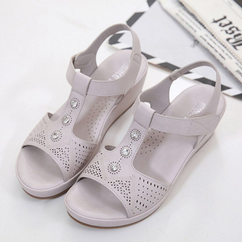 Sandalias De Cuña Informales De Verano Con Punta De Gancho Transpirable Con Diamantes De Imitación Ahuecados Para Mujer