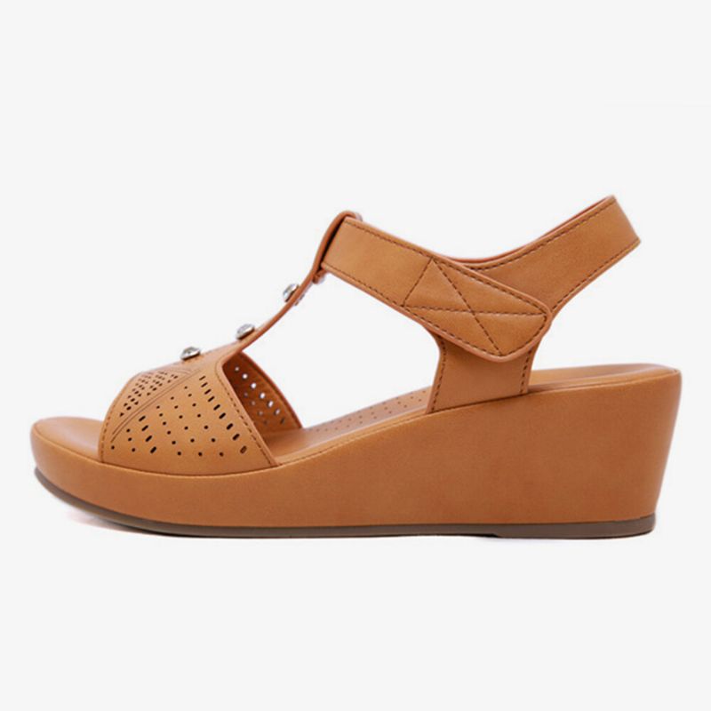 Sandalias De Cuña Informales De Verano Con Punta De Gancho Transpirable Con Diamantes De Imitación Ahuecados Para Mujer