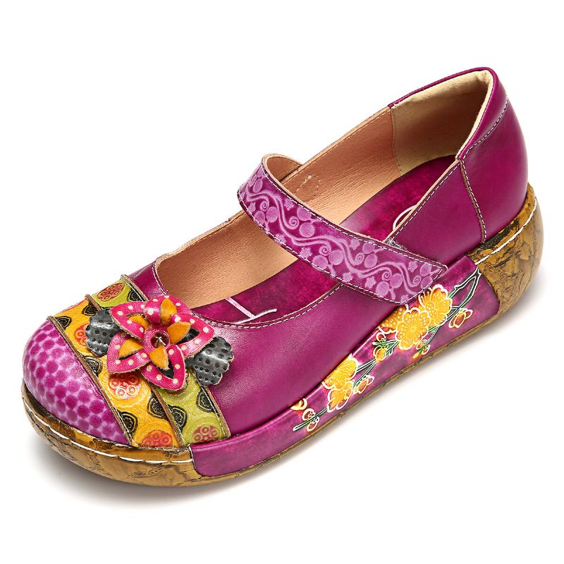 Sandalias De Cuña De Plataforma De Verano Con Lazo De Gancho De Flores Vintage Folkways De Cuero Genuino Para Mujer