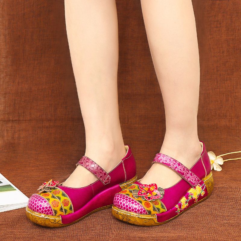 Sandalias De Cuña De Plataforma De Verano Con Lazo De Gancho De Flores Vintage Folkways De Cuero Genuino Para Mujer