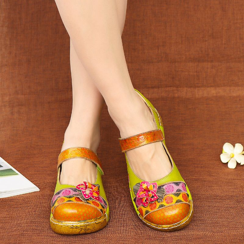 Sandalias De Cuña De Plataforma De Verano Con Lazo De Gancho De Flores Vintage Folkways De Cuero Genuino Para Mujer