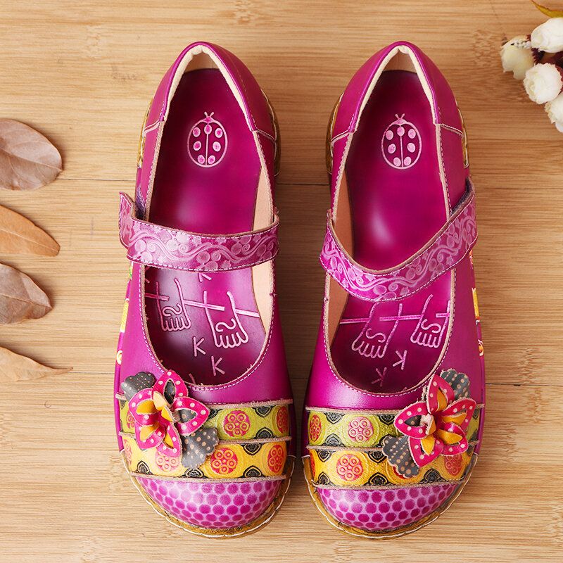 Sandalias De Cuña De Plataforma De Verano Con Lazo De Gancho De Flores Vintage Folkways De Cuero Genuino Para Mujer