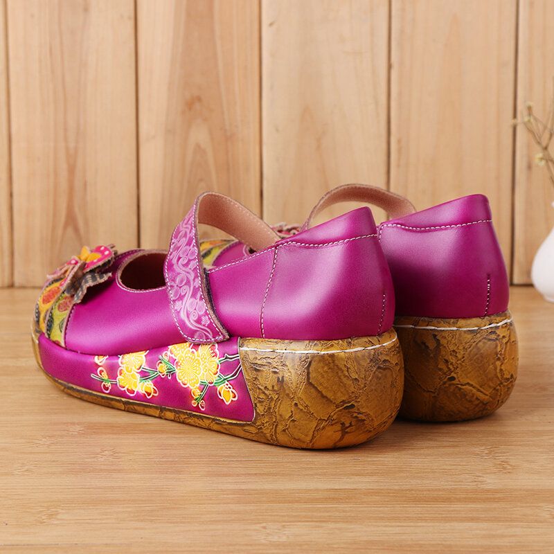 Sandalias De Cuña De Plataforma De Verano Con Lazo De Gancho De Flores Vintage Folkways De Cuero Genuino Para Mujer