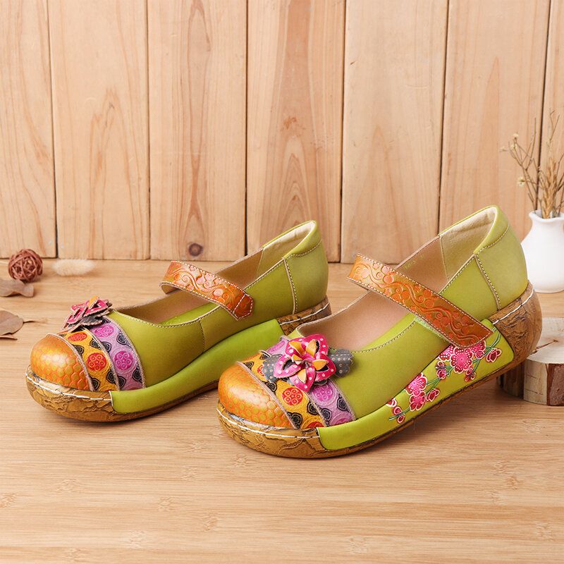 Sandalias De Cuña De Plataforma De Verano Con Lazo De Gancho De Flores Vintage Folkways De Cuero Genuino Para Mujer