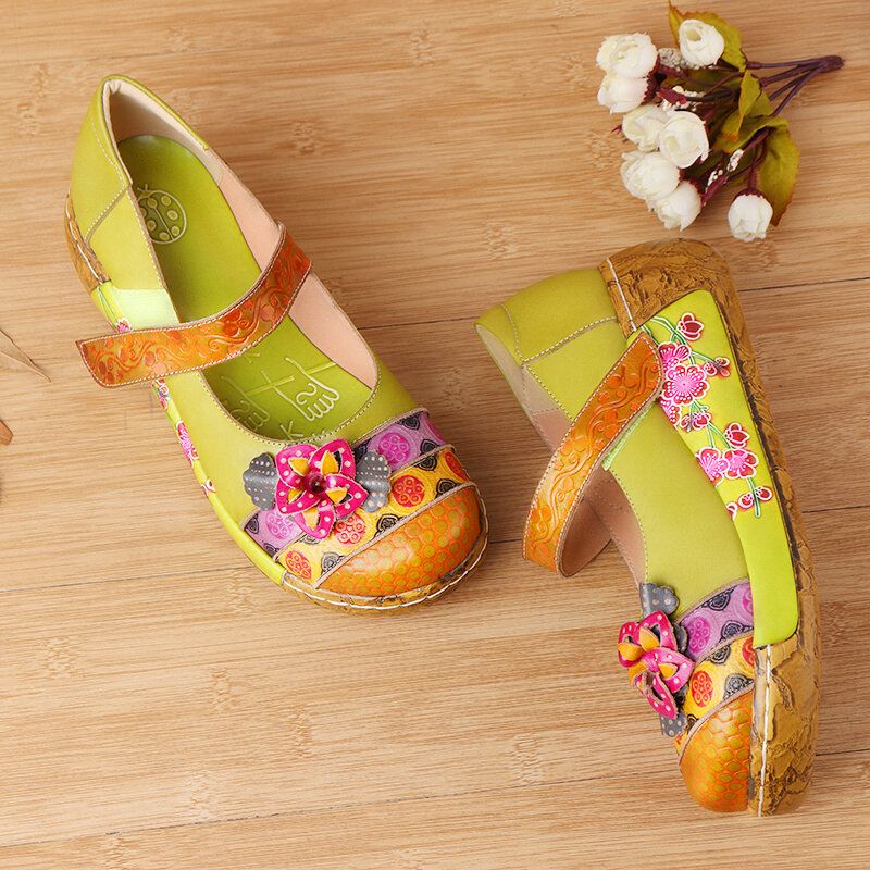 Sandalias De Cuña De Plataforma De Verano Con Lazo De Gancho De Flores Vintage Folkways De Cuero Genuino Para Mujer