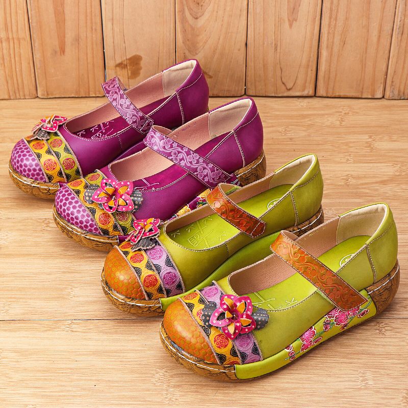 Sandalias De Cuña De Plataforma De Verano Con Lazo De Gancho De Flores Vintage Folkways De Cuero Genuino Para Mujer