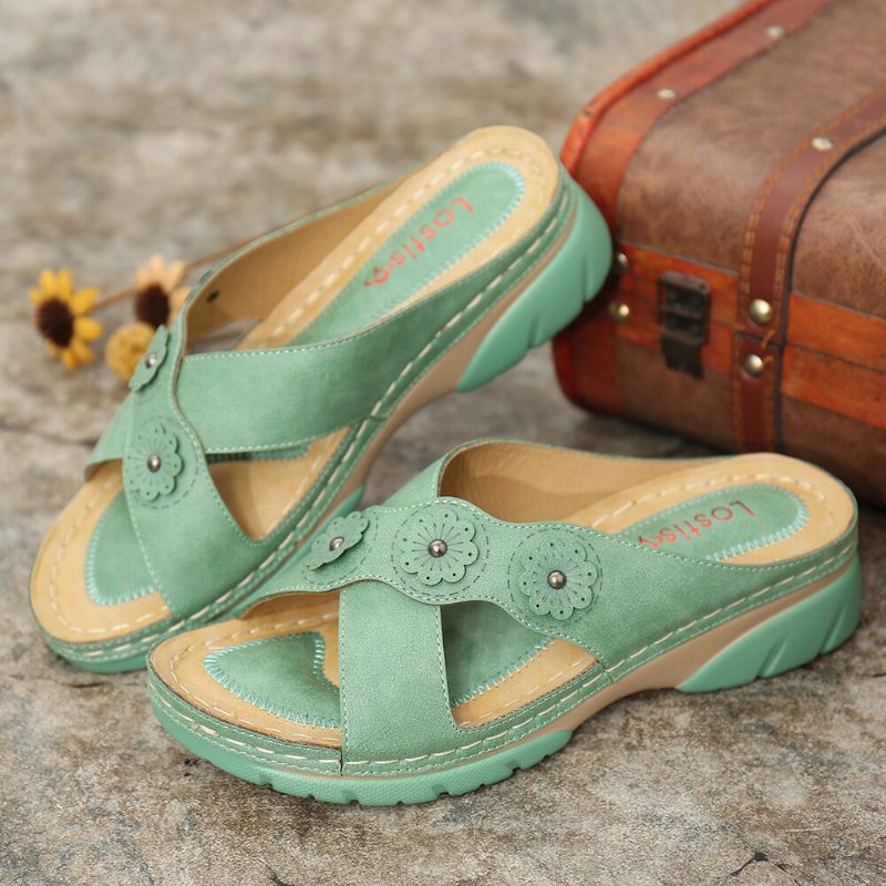 Sandalias De Cuña De Playa Con Correa Cruzada Con Decoración De Flores Para Mujer