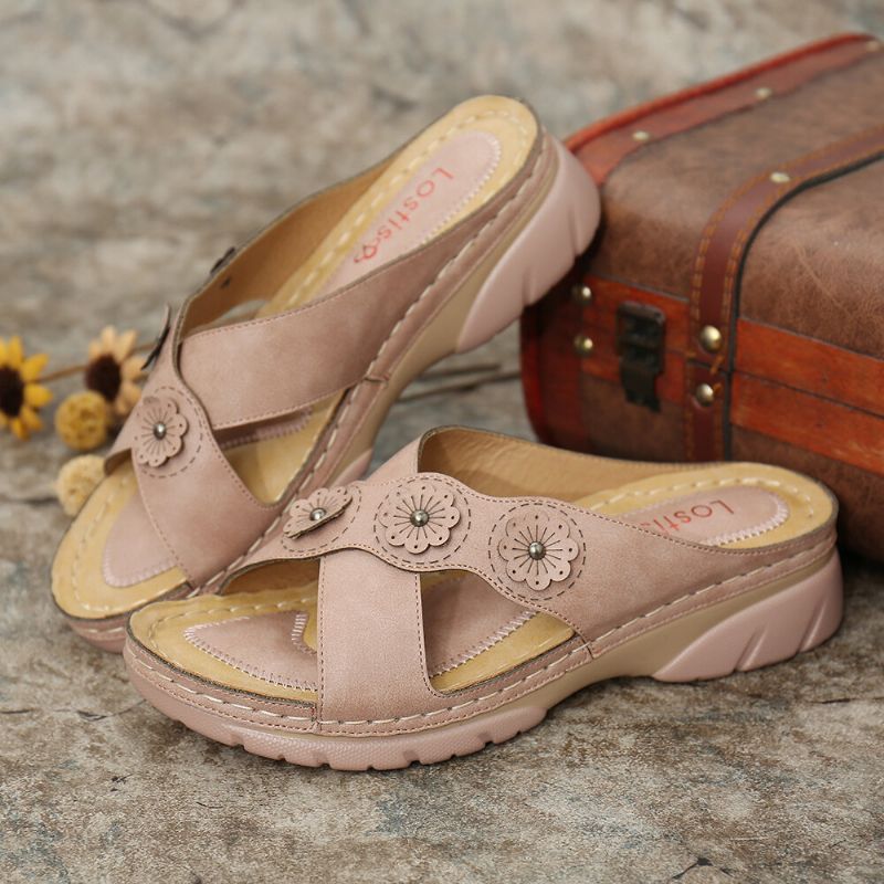 Sandalias De Cuña De Playa Con Correa Cruzada Con Decoración De Flores Para Mujer