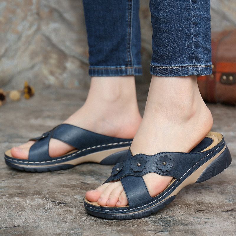 Sandalias De Cuña De Playa Con Correa Cruzada Con Decoración De Flores Para Mujer