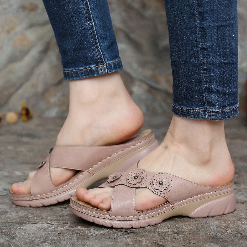 Sandalias De Cuña De Playa Con Correa Cruzada Con Decoración De Flores Para Mujer