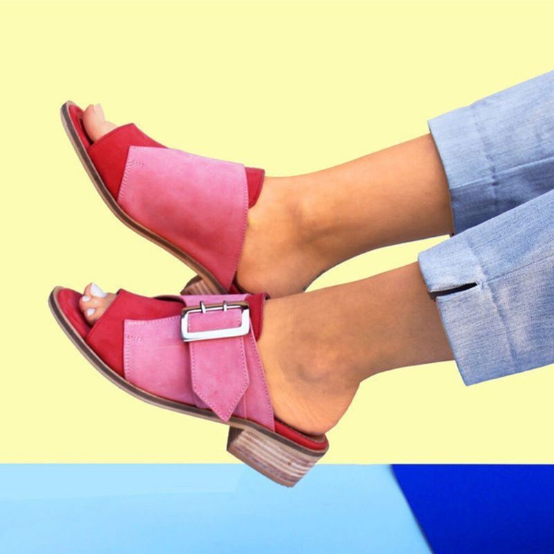 Sandalias De Cuña De Primavera Verano Con Punta Abierta Y Hebilla De Costura De Color De Talla Grande Para Mujer