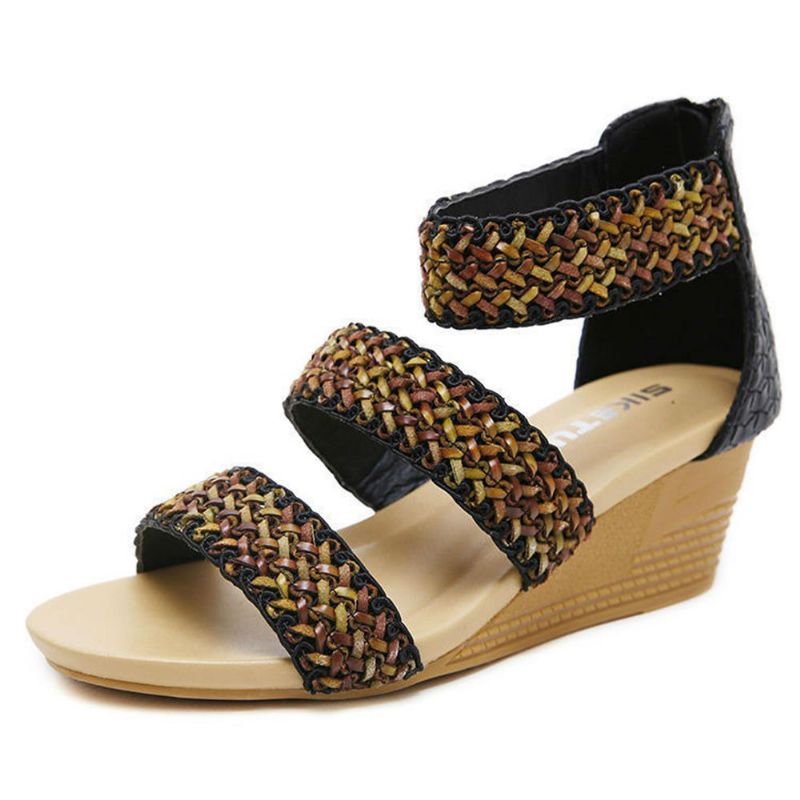 Sandalias De Cuña De Tacón Grueso Para Mujer Zapatos Casuales Bohemios Tejidos