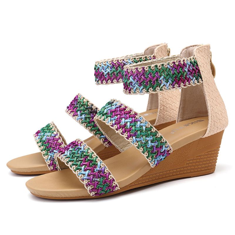 Sandalias De Cuña De Tacón Grueso Para Mujer Zapatos Casuales Bohemios Tejidos