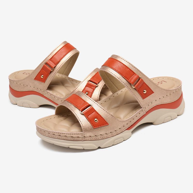 Sandalias De Cuña De Verano Cómodas Con Punta Abierta Y Empalme De Color Para Mujer