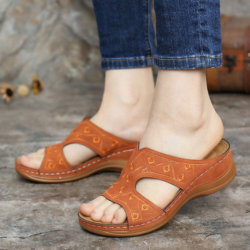 Sandalias De Cuña De Verano Con Punta Abierta Y Bordados Para Mujer Cómodos Y Casuales