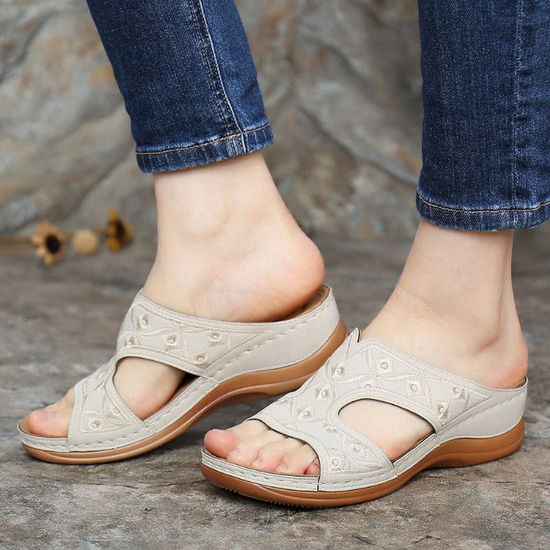 Sandalias De Cuña De Verano Con Punta Abierta Y Bordados Para Mujer Cómodos Y Casuales