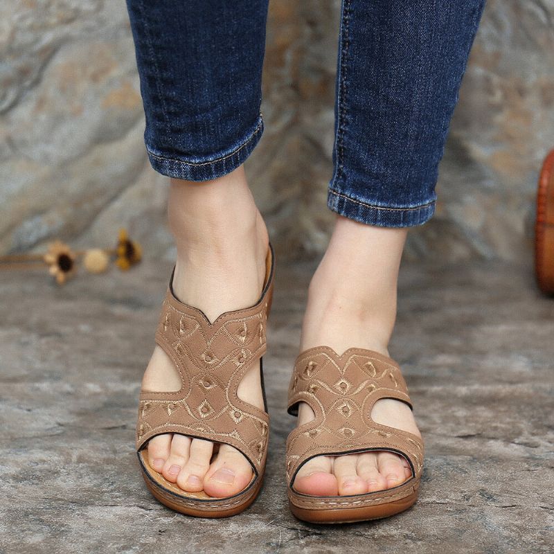 Sandalias De Cuña De Verano Con Punta Abierta Y Bordados Para Mujer Cómodos Y Casuales