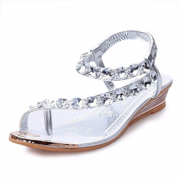 Sandalias De Cuña De Verano Para Mujer Moda De Tacón Bajo Con Diamantes De Imitación Casuales Sandalias Zapatos