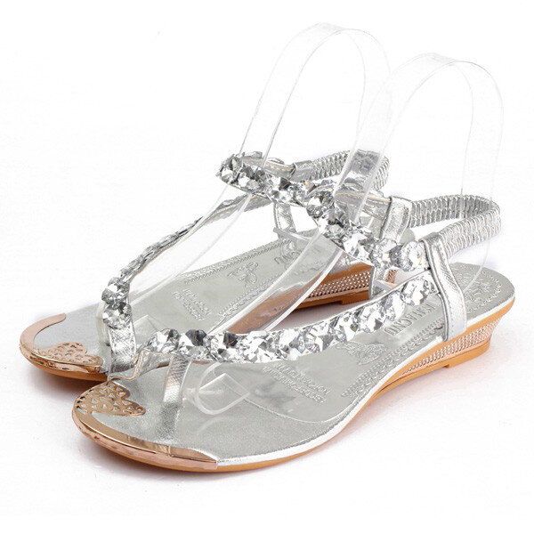 Sandalias De Cuña De Verano Para Mujer Moda De Tacón Bajo Con Diamantes De Imitación Casuales Sandalias Zapatos