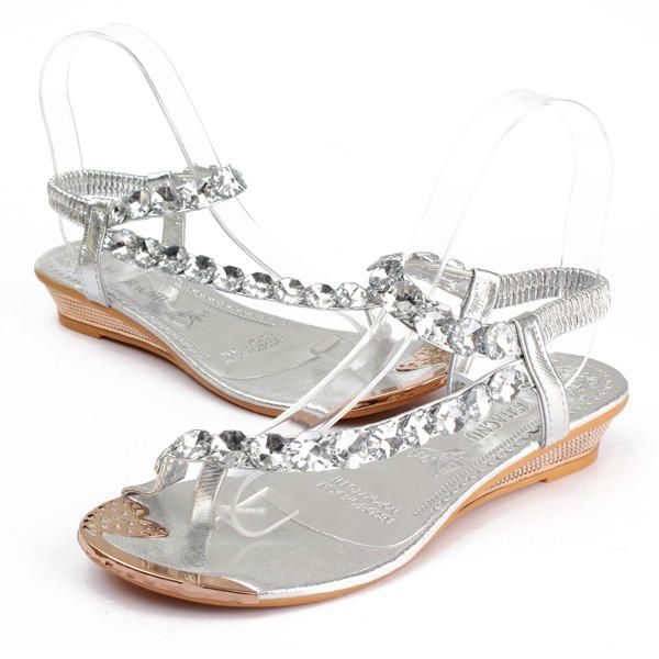 Sandalias De Cuña De Verano Para Mujer Moda De Tacón Bajo Con Diamantes De Imitación Casuales Sandalias Zapatos