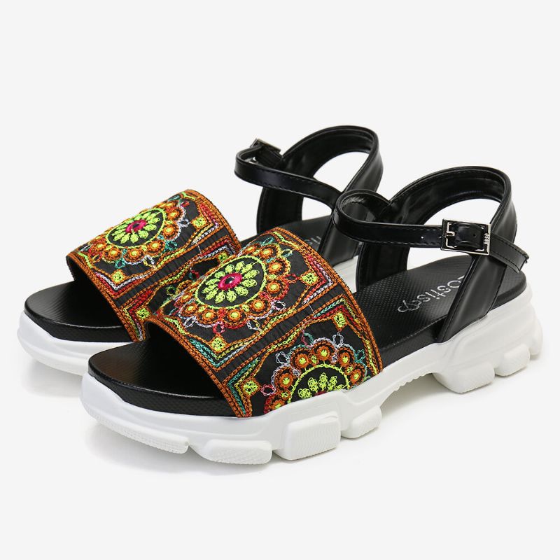 Sandalias Deportivas De Plataforma Con Hebilla Bordada De Colores Para Mujer