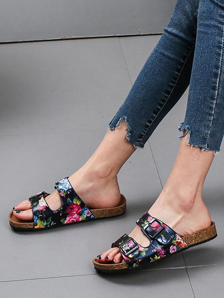 Sandalias Deslizantes Con Plantilla De Corcho Con Correa De Patrón De Flores De Doble Hebilla Para Mujer