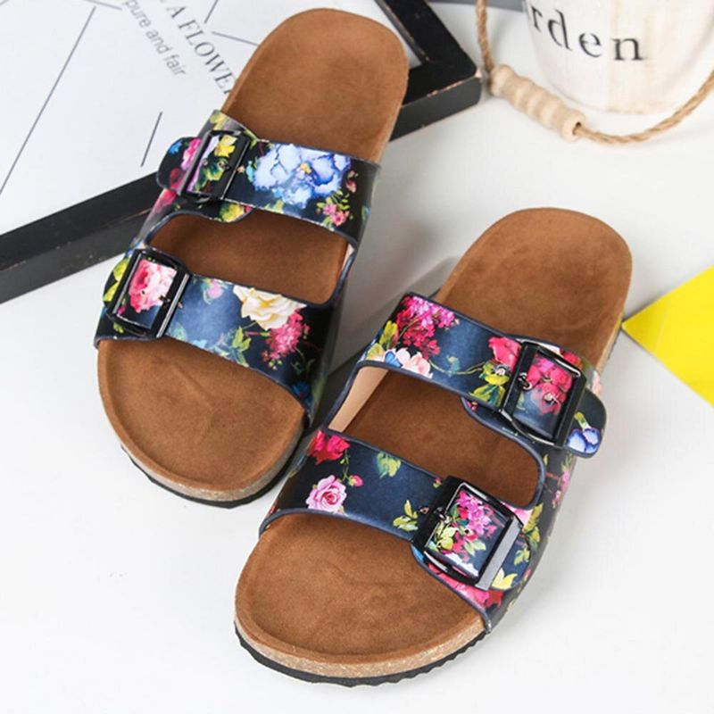 Sandalias Deslizantes Con Plantilla De Corcho Con Correa De Patrón De Flores De Doble Hebilla Para Mujer