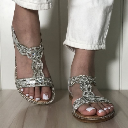 Sandalias Elásticas Huecas Con Diamantes De Imitación De Bohemia Para Mujer