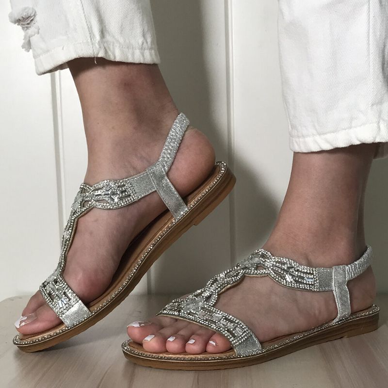 Sandalias Elásticas Huecas Con Diamantes De Imitación De Bohemia Para Mujer