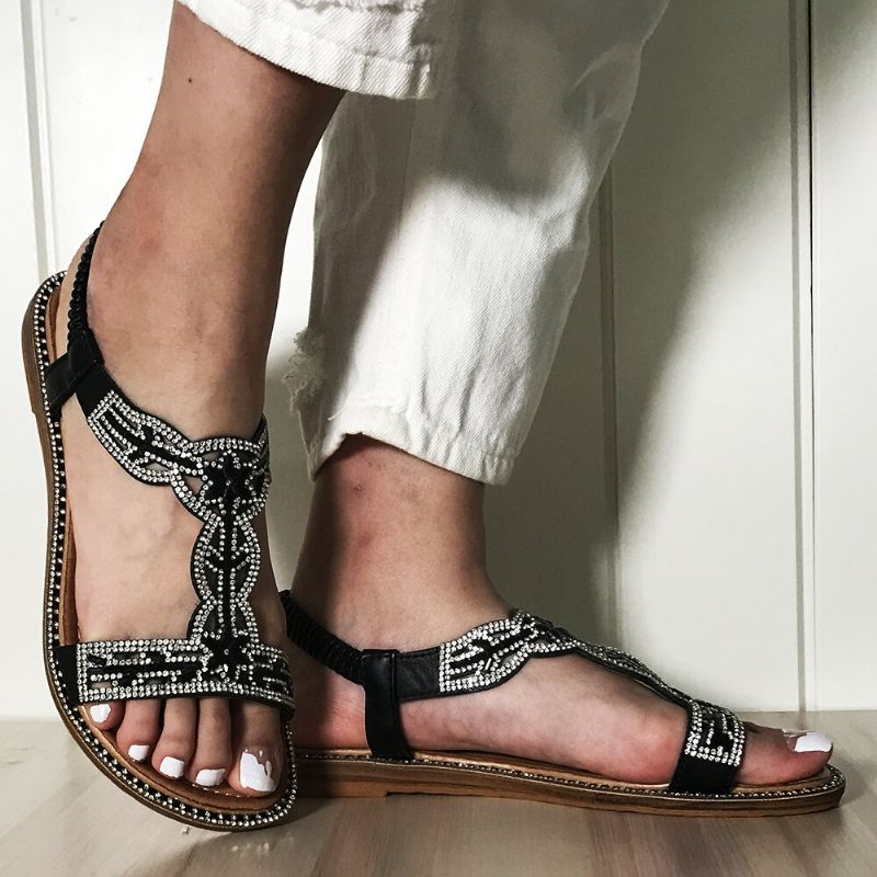 Sandalias Elásticas Huecas Con Diamantes De Imitación De Bohemia Para Mujer