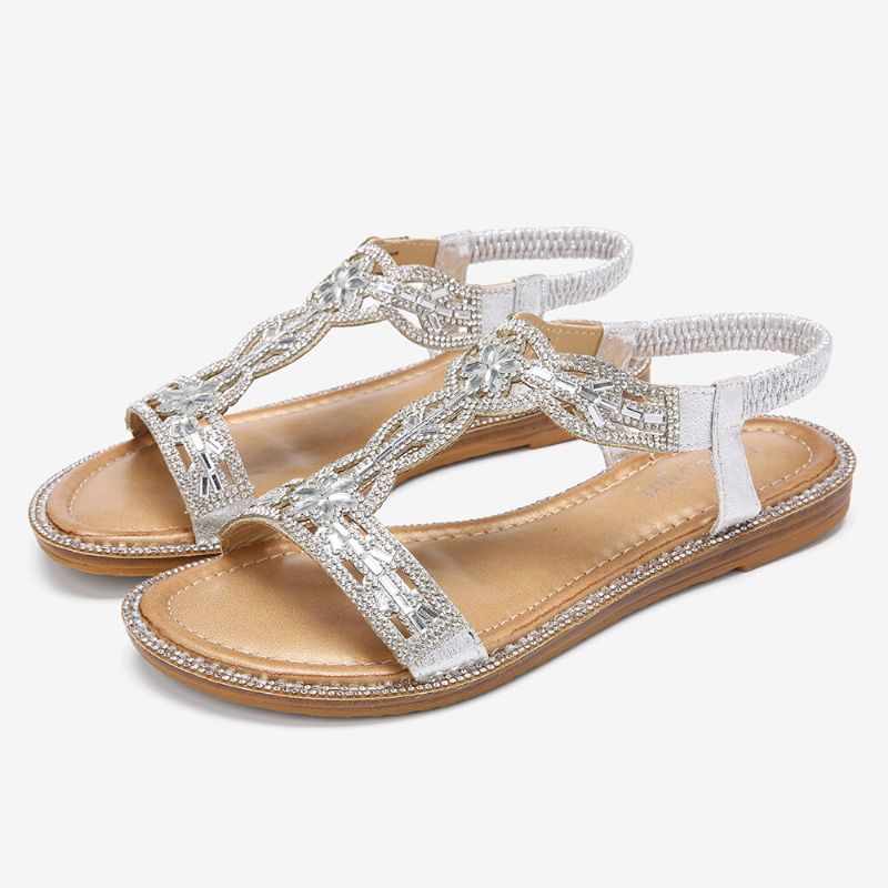 Sandalias Elásticas Huecas Con Diamantes De Imitación De Bohemia Para Mujer