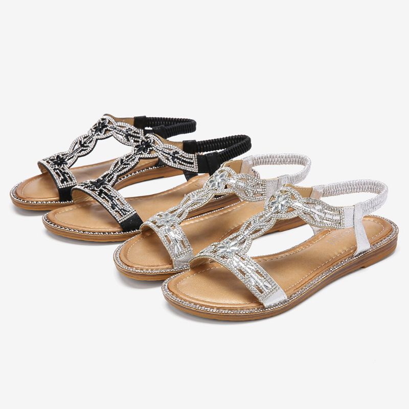 Sandalias Elásticas Huecas Con Diamantes De Imitación De Bohemia Para Mujer