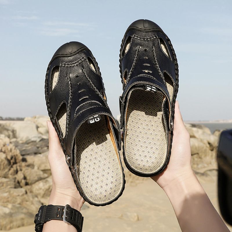 Sandalias De Exterior Informales Antideslizantes Con Costura A Mano De Piel De Vaca Para Hombre