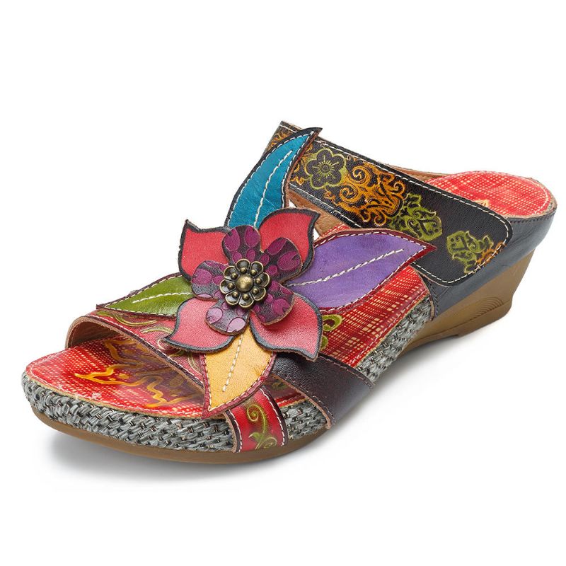 Sandalias De Flores Hechas A Mano Con Lazo De Gancho De Cuero Genuino Bohemio Para Mujer