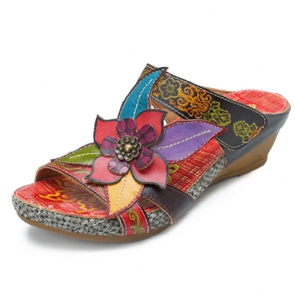 Sandalias De Flores Hechas A Mano Con Lazo De Gancho De Cuero Genuino Bohemio Para Mujer