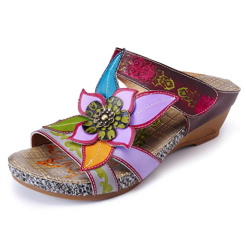 Sandalias De Flores Hechas A Mano Con Lazo De Gancho De Cuero Genuino Bohemio Para Mujer