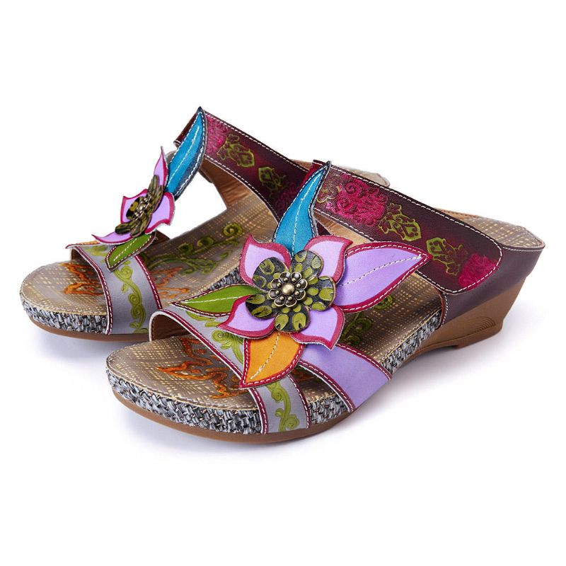 Sandalias De Flores Hechas A Mano Con Lazo De Gancho De Cuero Genuino Bohemio Para Mujer