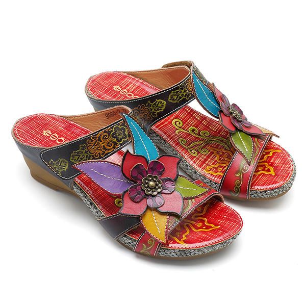 Sandalias De Flores Hechas A Mano Con Lazo De Gancho De Cuero Genuino Bohemio Para Mujer