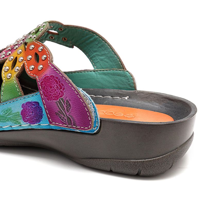 Sandalias De Lazo De Gancho Ajustable Con Decoración De Remaches De Color De Cuero Genuino Para Mujeres