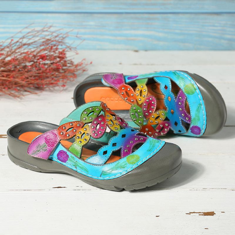 Sandalias De Lazo De Gancho Ajustable Con Decoración De Remaches De Color De Cuero Genuino Para Mujeres