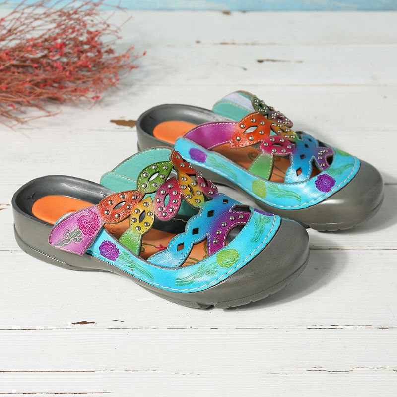 Sandalias De Lazo De Gancho Ajustable Con Decoración De Remaches De Color De Cuero Genuino Para Mujeres